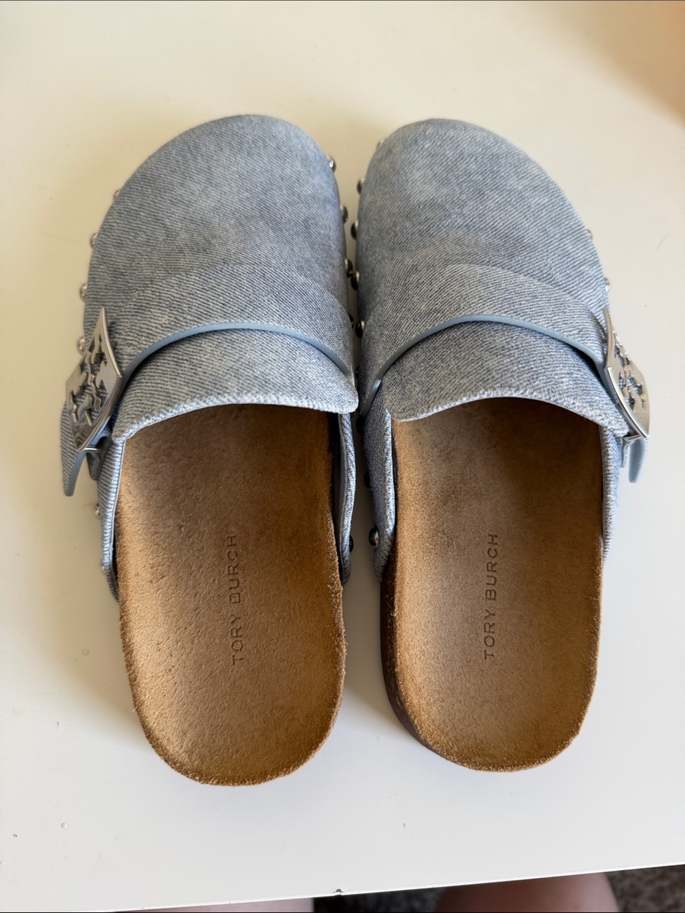 Tory Burch Light Denim Slide Mules with Studded Buckle